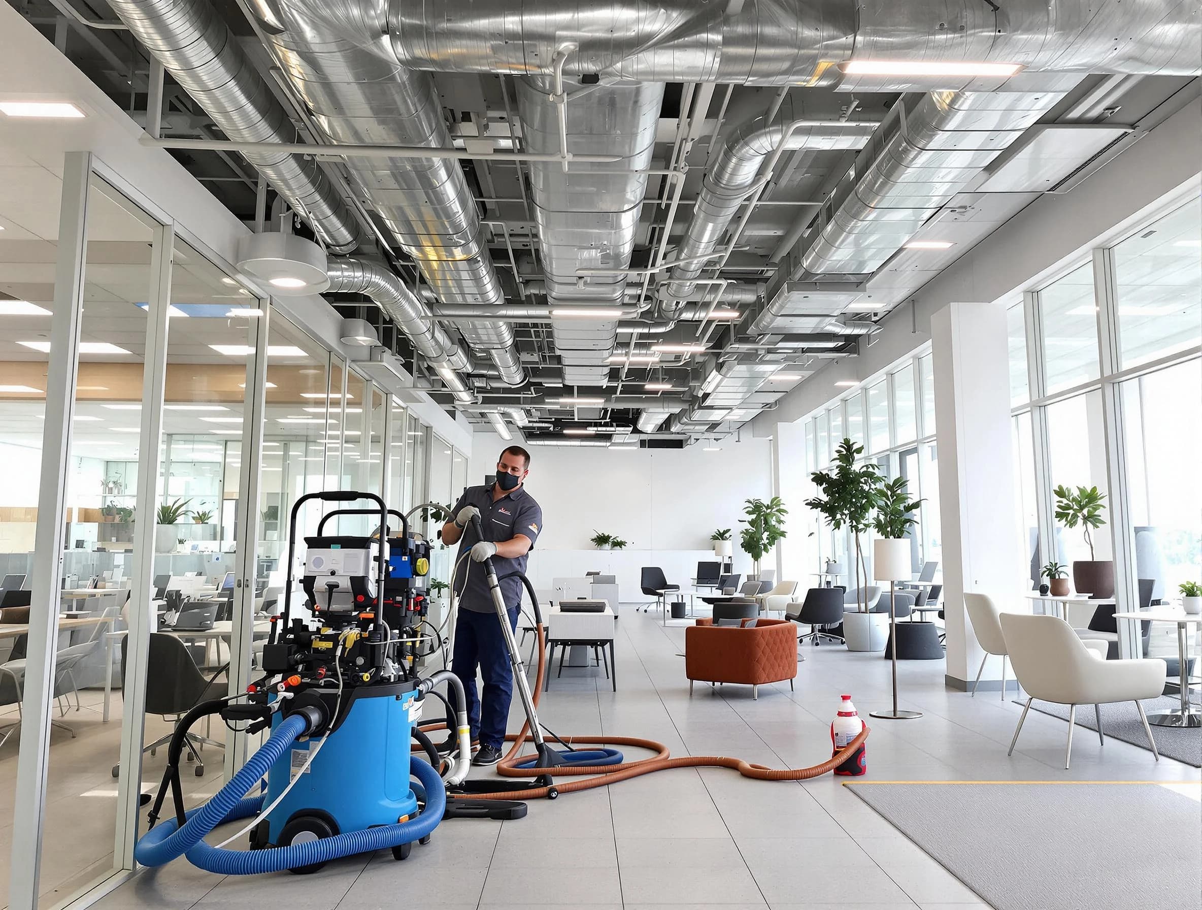 Woodlake Air Duct Cleaning team conducting comprehensive commercial duct cleaning at a business location in Woodlake