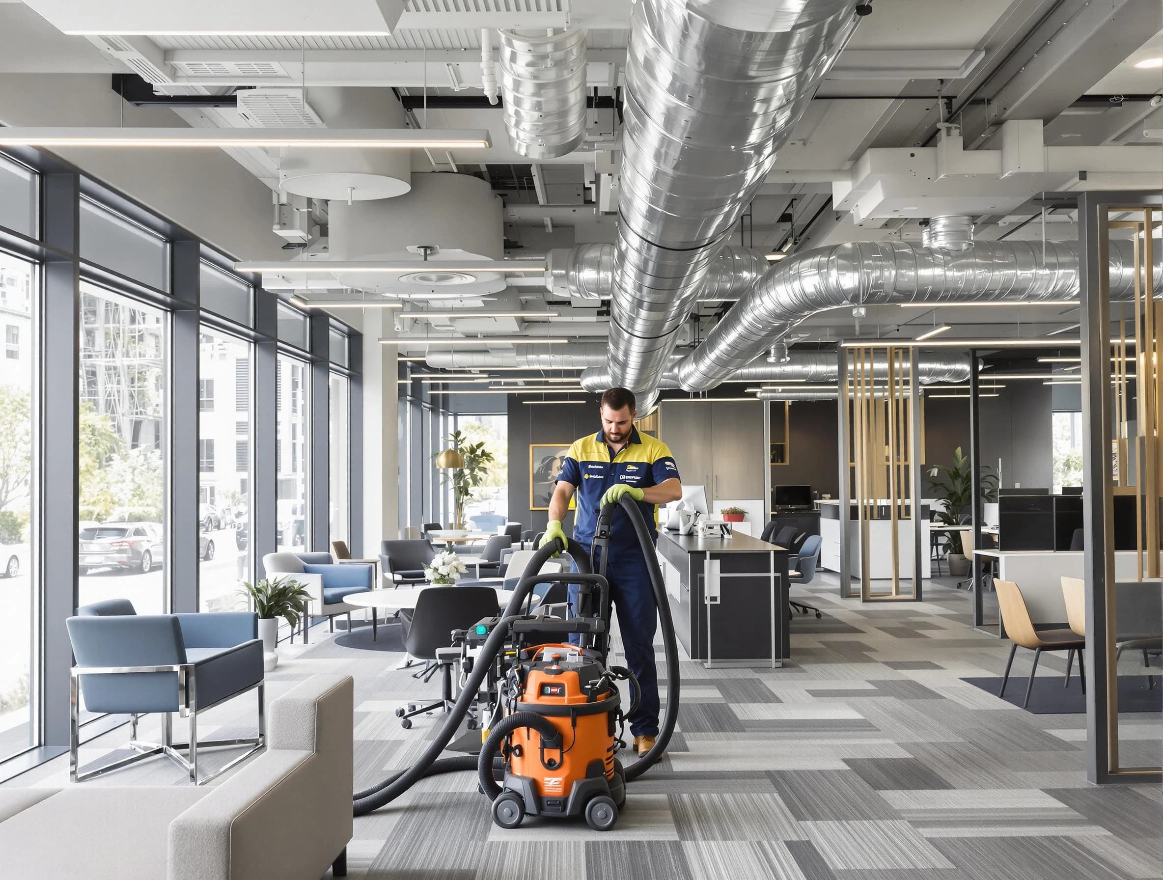 Woodlake Air Duct Cleaning team performing thorough commercial duct cleaning at a Woodlake business center