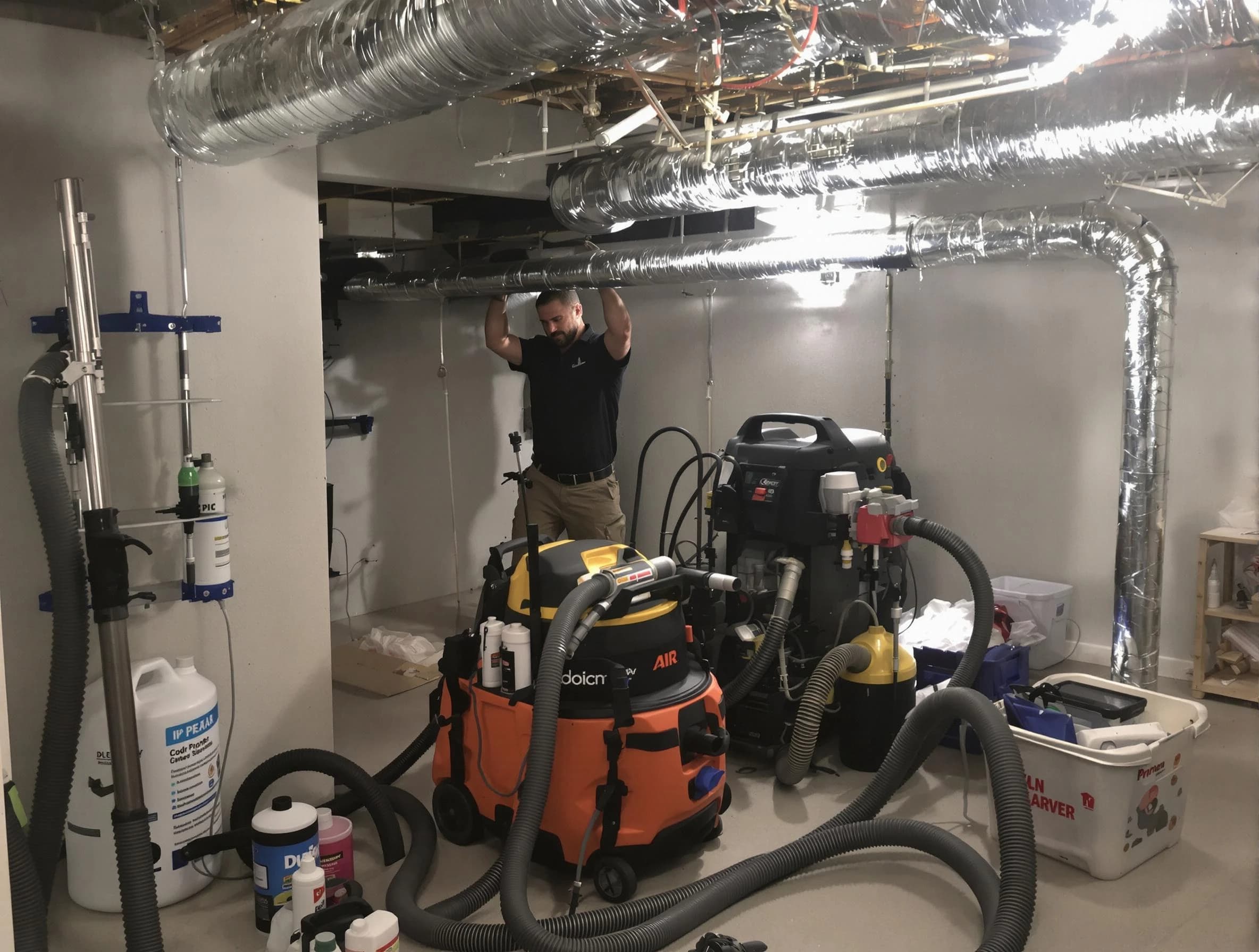 Woodlake Air Duct Cleaning specialist performing professional mold removal from air ducts using safety equipment in Woodlake